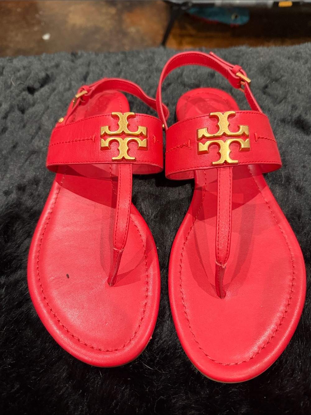 Tory Burch Red Leather T-Strap Sandals with Gold Emblem
